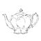 The black ink drawing of classic teapot isolated on white background. Vector illustration.