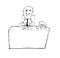 Black Ink Hand Rough Drawing of Manager or Boss Sitting Behind Desk in Office
