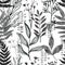 Black ink seamless pattern, wild flora, hand drawn