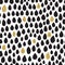 Black ink, white and gold glitter vector seamless drop pattern.