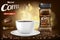 Black instant coffee cup and beans ads design. 3d illustration of hot coffee mug Product with bokeh background. Vector