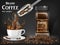 Black instant coffee cup with splash and beans ads. 3d illustration of hot coffee mug. Product design with bokeh