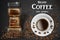 Black instant coffee cup top view and beans ads. 3d illustration of hot coffee mug. Product design with bokeh background