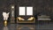 Black interior with black and yellow grand piano, vintage clock and frame for mockup