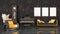 Black interior with black and yellow grand piano, vintage clock and frames for mockup