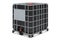 Black Intermediate Bulk Container Tank with metallic skeleton and plastic pallet, 3D rendering