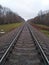 Black iron rails background. Autumn landscape. Railway backdrop