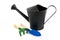Black iron watering can with shovel and rake