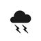 Black isolated icon of cloud with lightning on white background. Silhouette of thunder, thunderstorm. Flat design