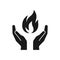 Black isolated icon of flame in hands on white background. Silhouette of fire and hands. Symbol of healing. Flat design