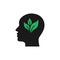 Black isolated icon of head of man and green leaf on white background. Silhouette of head of man. Eco think. Thunk green. Flat