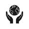 Black isolated icon of planet, earth in hands on white background. Silhouette of globe and hands. Symbol of care, protection. Save