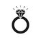 Black isolated icon of ring with diamond on white background. Silhouette of wedding ring. Flat design.
