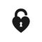 Black isolated icon of unlocked heart shape lock on white background. Silhouette of unlocked heart shape lock. Flat design