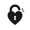 Black isolated icon of unlocked heart shape lock on white background. Silhouette of unlocked heart shape lock. Flat design.