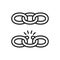 Black isolated outline icon of chain and broken chain on white background. Set of Line Icon of chain. Weak link.