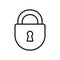 Black isolated outline icon of closed lock on white background. Line Icon of padlock.