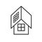 Black isolated outline icon of eco house with solar panels on white background. Line Icon of ecological house, ecohouse with solar