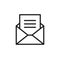 Black isolated outline icon of envelope with blank, document, letter on white background. Line Icon of envelope. Mail, e-mail, ema