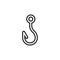 Black isolated outline icon of fish hook on white background. Line Icon of fish hook, angle