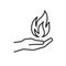 Black isolated outline icon of flame in hand on white background. Line icon of fire and hand. Symbol of healing