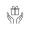 Black isolated outline icon of gift box in open hands on white background. Line icon of gift box and two hands. Give, make a