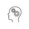 Black isolated outline icon of head of man and cogwheel on white background. Line icon of head and gear wheel