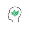 Black isolated outline icon of head of man and green leaf on white background. Line icon of head of man. Eco think. Think green.