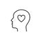 Black isolated outline icon of head of man and heart on white background. Line icon of head of man. Love think. Flat design