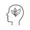 Black isolated outline icon of head of man with leaf on white background. Line Icon of head of man. Eco think.