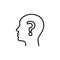 Black isolated outline icon of head of man and question mark on white background. Line icon of head of man and question mark.