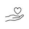 Black isolated outline icon of heart in hand on white background. Line Icon of heart and hand. Symbol of care, love, charity