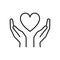 Black isolated outline icon of heart in hands on white background. Line icon of heart and hands. Symbol of care, love, charity