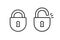 Black isolated outline icon of locked and unlocked lock on white background. Set of Line Icon of padlock.