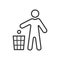 Black isolated outline icon of man throw garbage to dustbin on white background. Line Icon of man throw trash to bin.