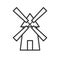 Black isolated outline icon of mill on white background. Line Icon of windmill.