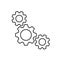 Black isolated outline icon of three cogwheels on white background. Line icon of gear wheel. Settings