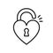 Black isolated outline icon of unlocked heart shape lock on white background. Line Icon of heart shape lock.