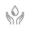 Black Isolated outline icon of water drop in hands on white background. Line icon of aqua drop and hands. Symbol of care, charity