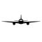 Black isolated silhouette of airplane on white background. Front view of aeroplane.