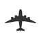 Black isolated silhouette of airplane on white background. View from above of aeroplane.