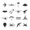 Black isolated silhouette of hydroplane, airplane, parachute, helicopter, propeller, hang-glider, dirigible, paraglide, balloon. S