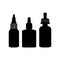 Black isolated vape bottles silhouettes set with liquid or aroma. Electronic cigarette accessorize, icons