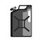 Black jerrycan used to store gasoline and petroleum products. Flat vector illustration