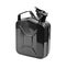 Black jerrycan on white background. Canister for gasoline, diesel gas.