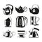 Black kettles. Vector silhouettes of various teapots