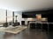 Black kitchen interior with bar stools and dining table