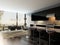 Black kitchen interior with bar stools and dining table