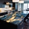 Black Kitchen Island With Blue And Gold Countertop