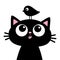 Black kitten cat face head silhouette looking up to funny bird. Cute cartoon character. Kawaii baby animal. Pet sticker collection